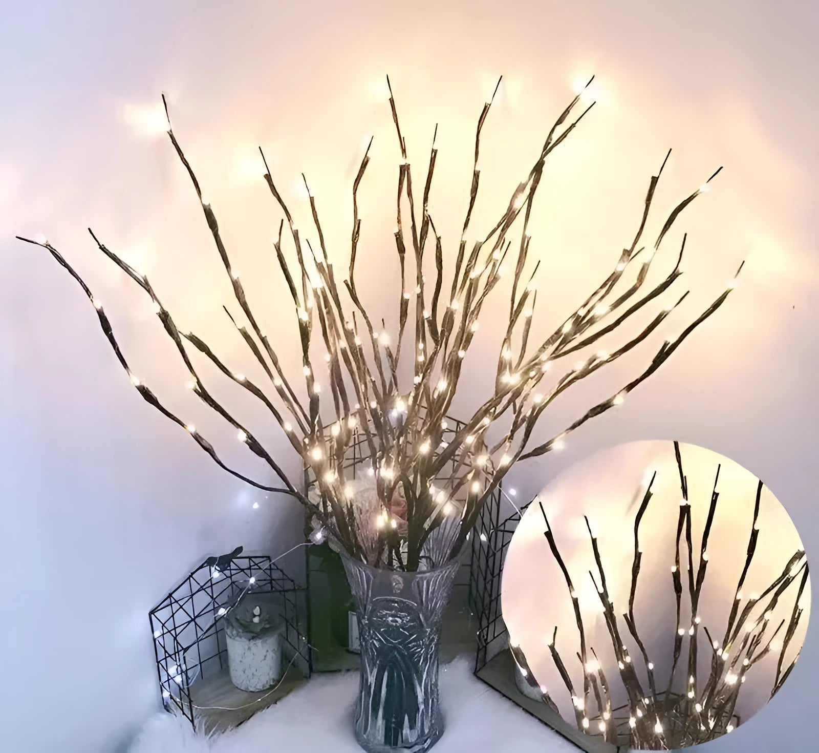 LED decorative tree light with simulated silver branches in vase displaying multiple colour options