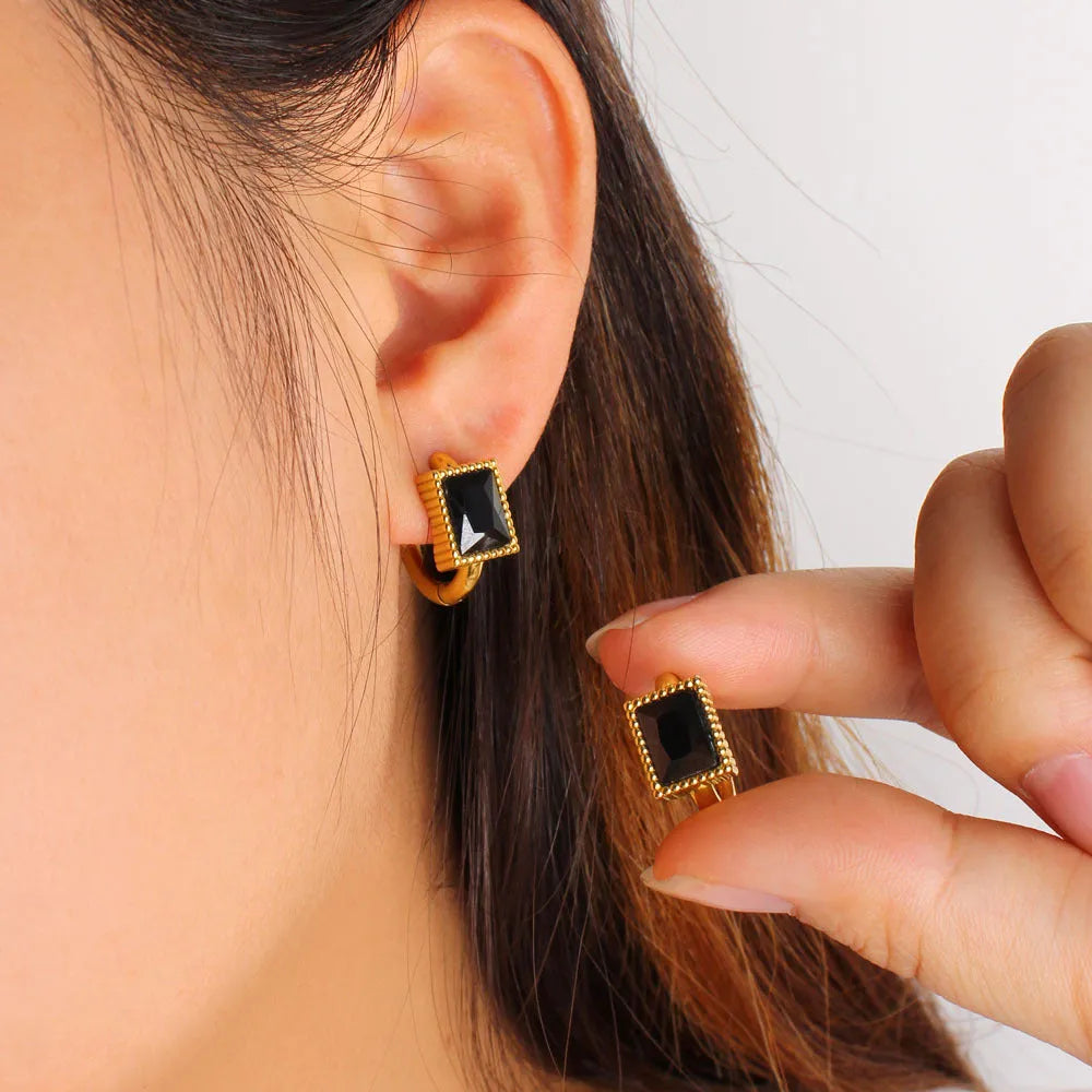 Square geometric stainless steel earrings with zircon detail in black, green, and white options