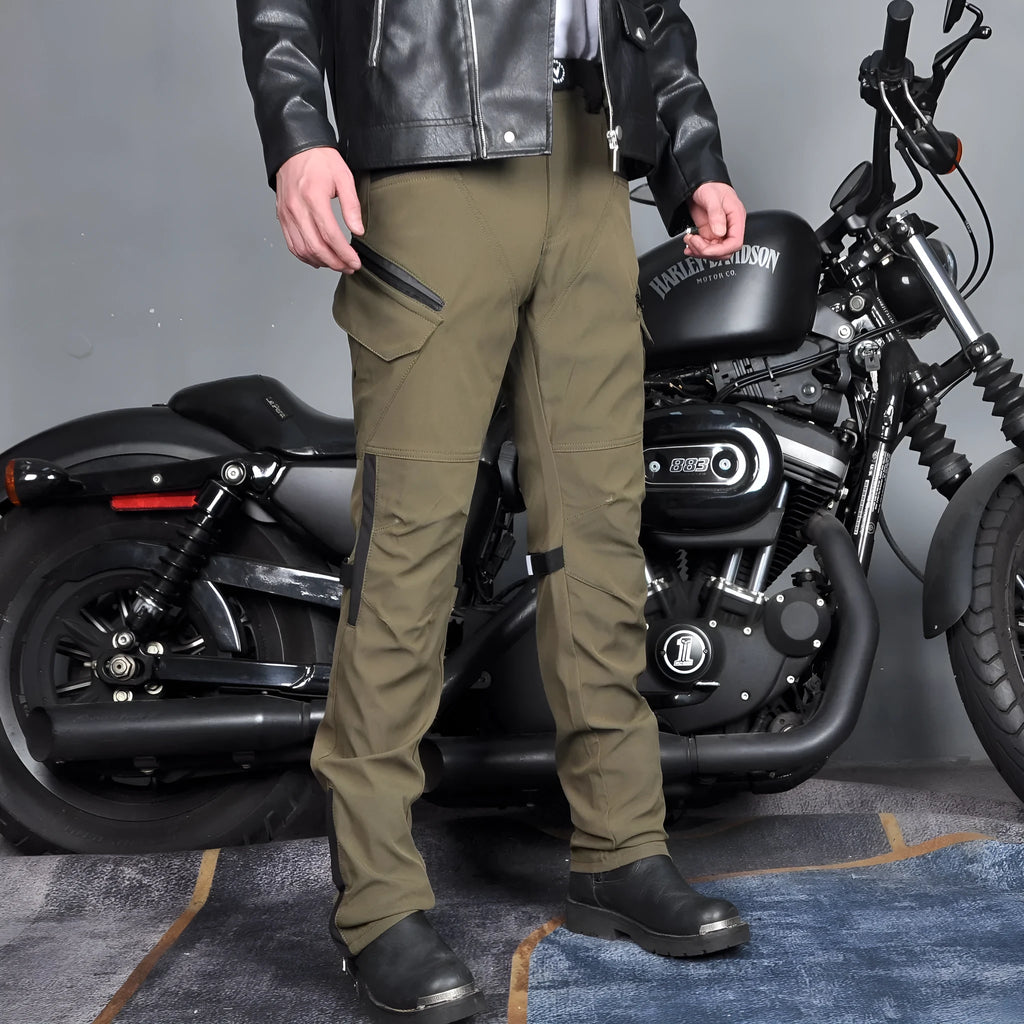 Men's solid color waterproof motorcycle cycling pants with protective gear and belt in black or green