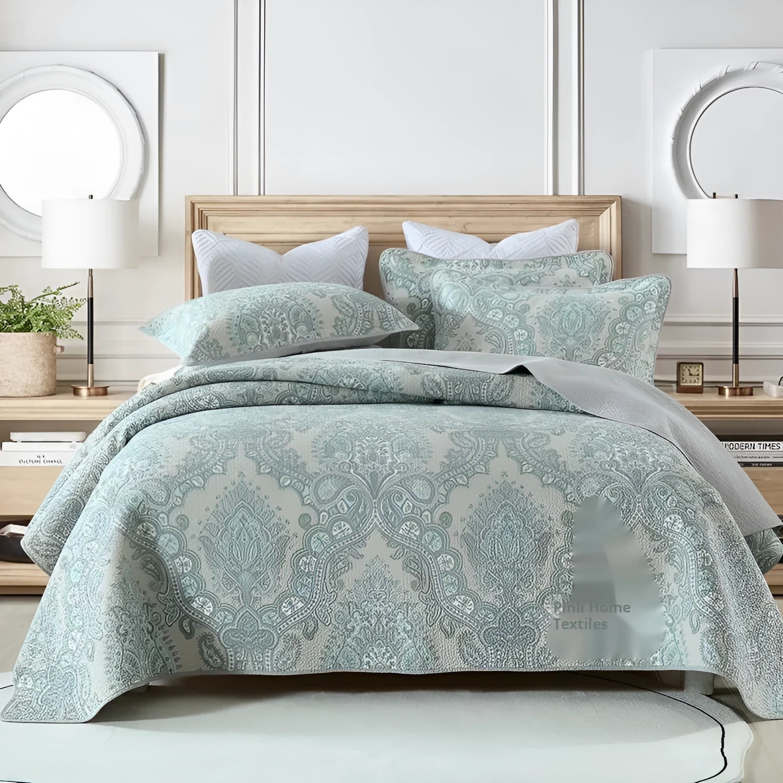 Pure cotton bedspread three-piece set with geometric pattern showing bed cover and pillowcases