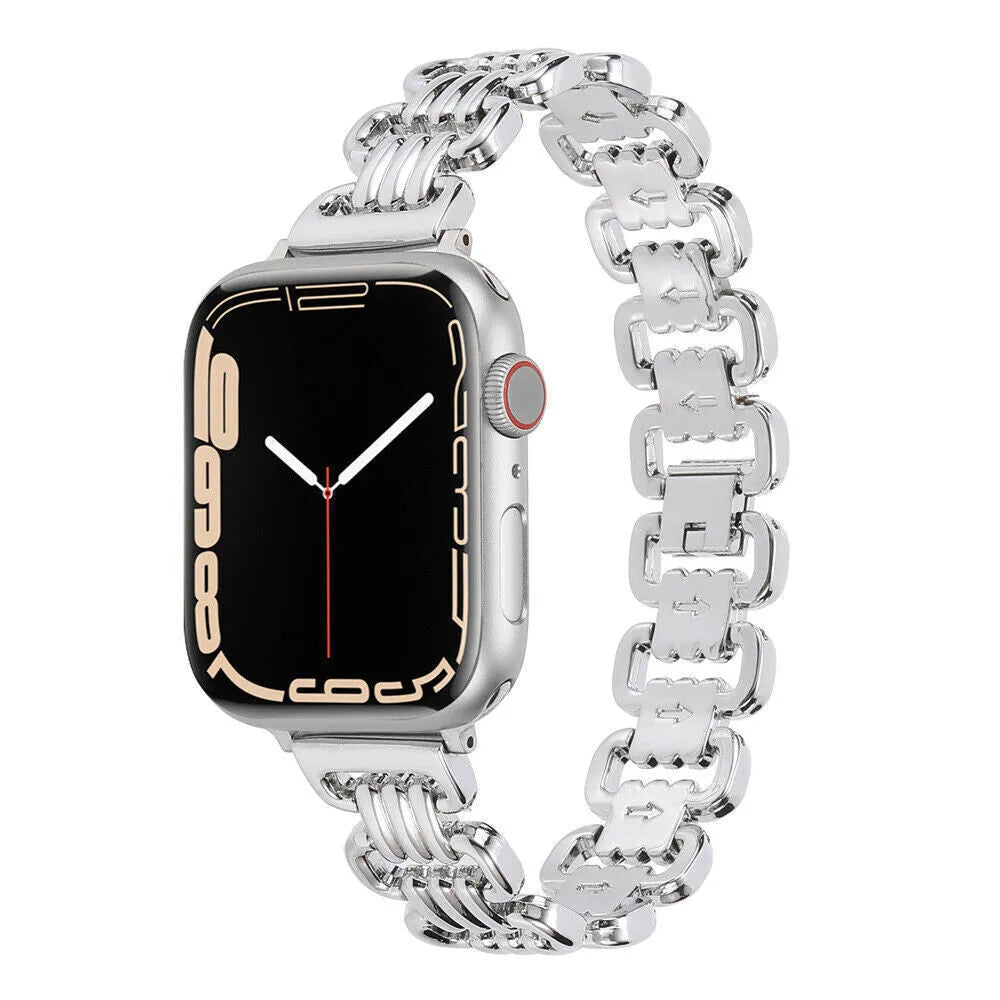 Silver alloy metal replacement bracelet for an Apple Watch, shown alongside black, gold, rose gold, and Starlight colour options.