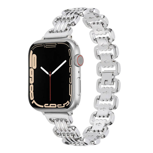 Silver alloy metal replacement bracelet for an Apple Watch, shown alongside black, gold, rose gold, and Starlight colour options.
