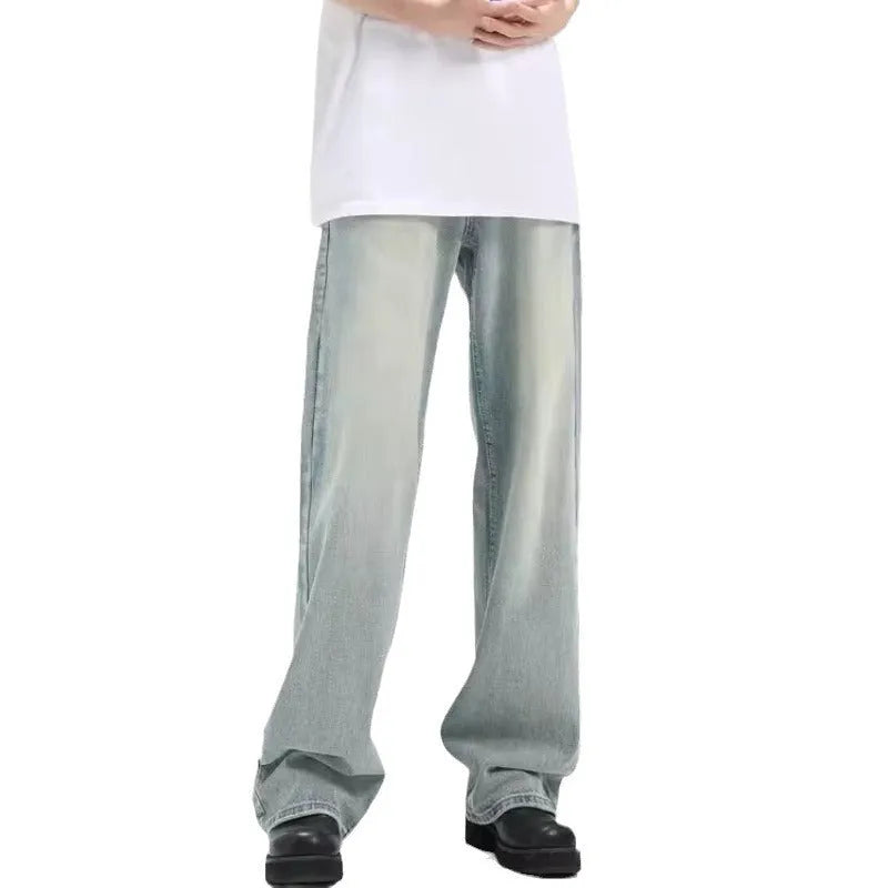 Blue loose-fit retro-style women's trousers made from rabbit fur fabric on a neutral background.