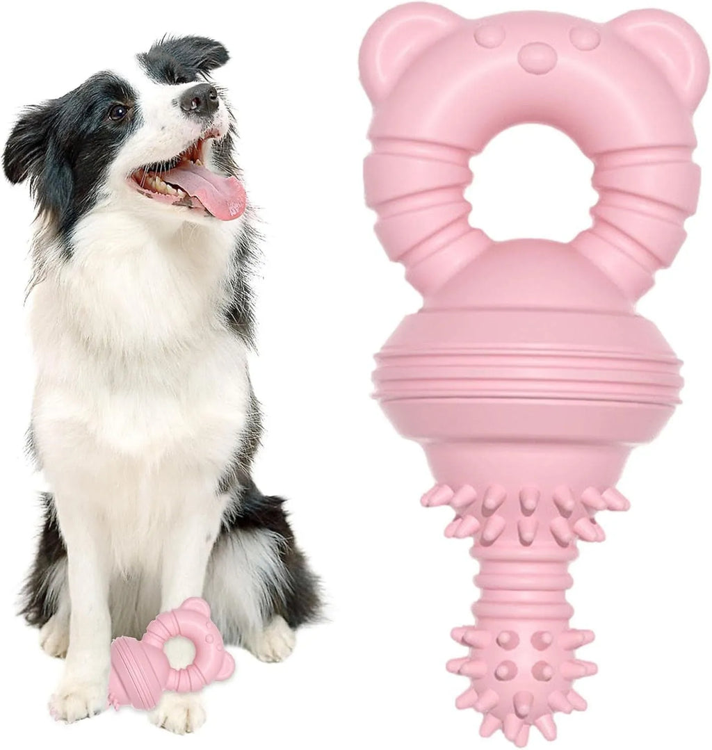 Blue rubber dog chew toy with molar cleaning texture and bell for aggressive chewers