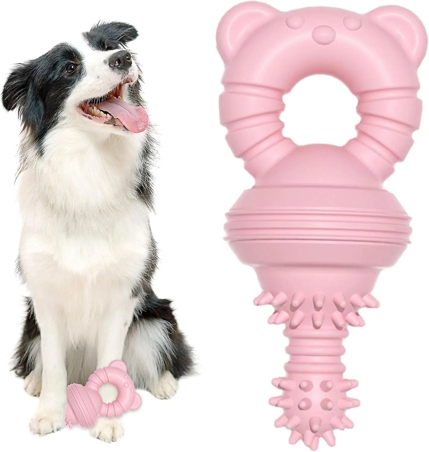 Blue rubber dog chew toy with molar cleaning texture and bell for aggressive chewers