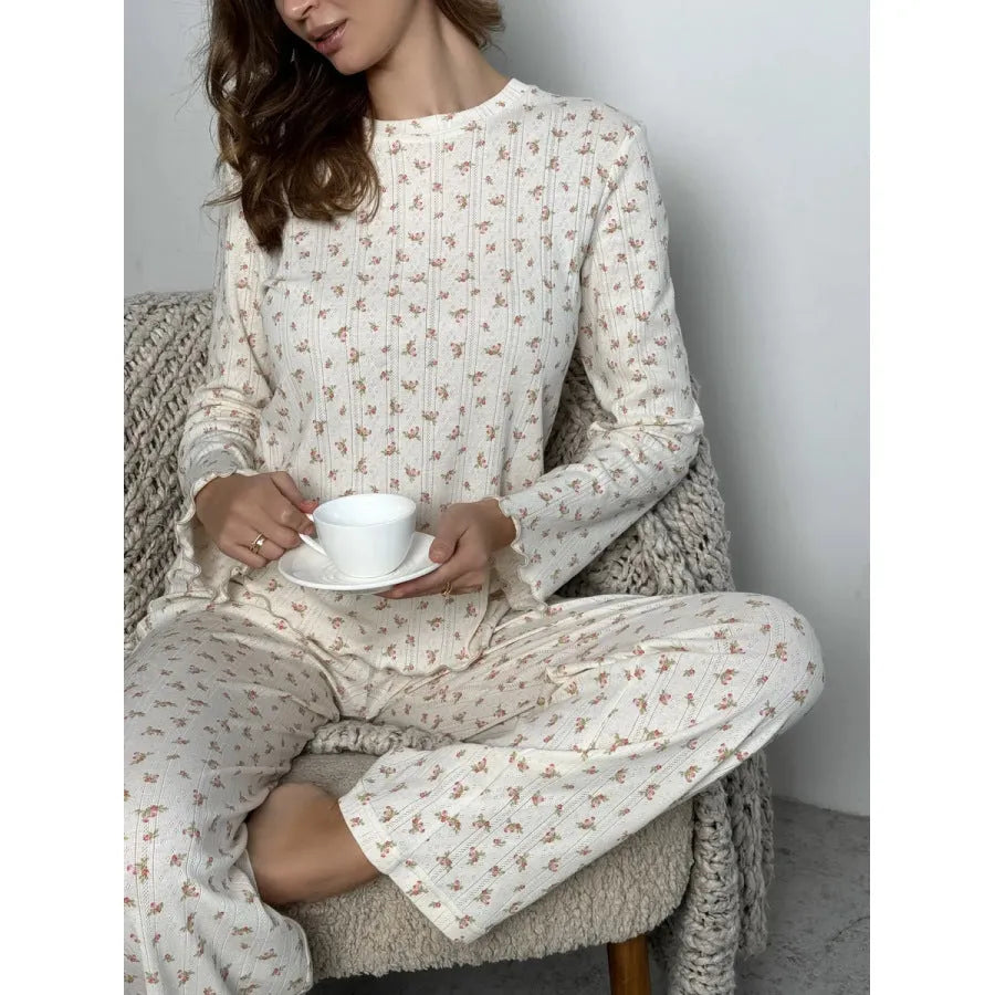 Women's white floral print two-piece suit set with bell sleeve top and wide leg trousers