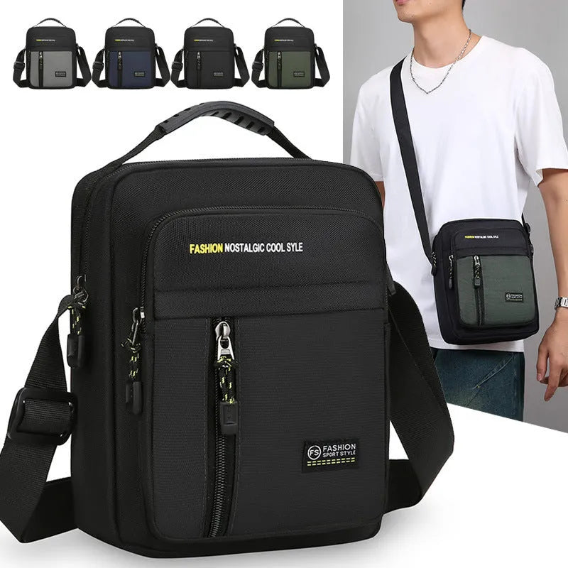 Men's casual green nylon crossbody messenger bag with visible stitching, shown from the side.