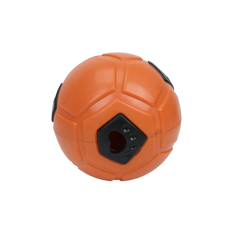 Orange and white TPR dog toy balls for chewing, one hollow and one with a teeth cleaning stick.