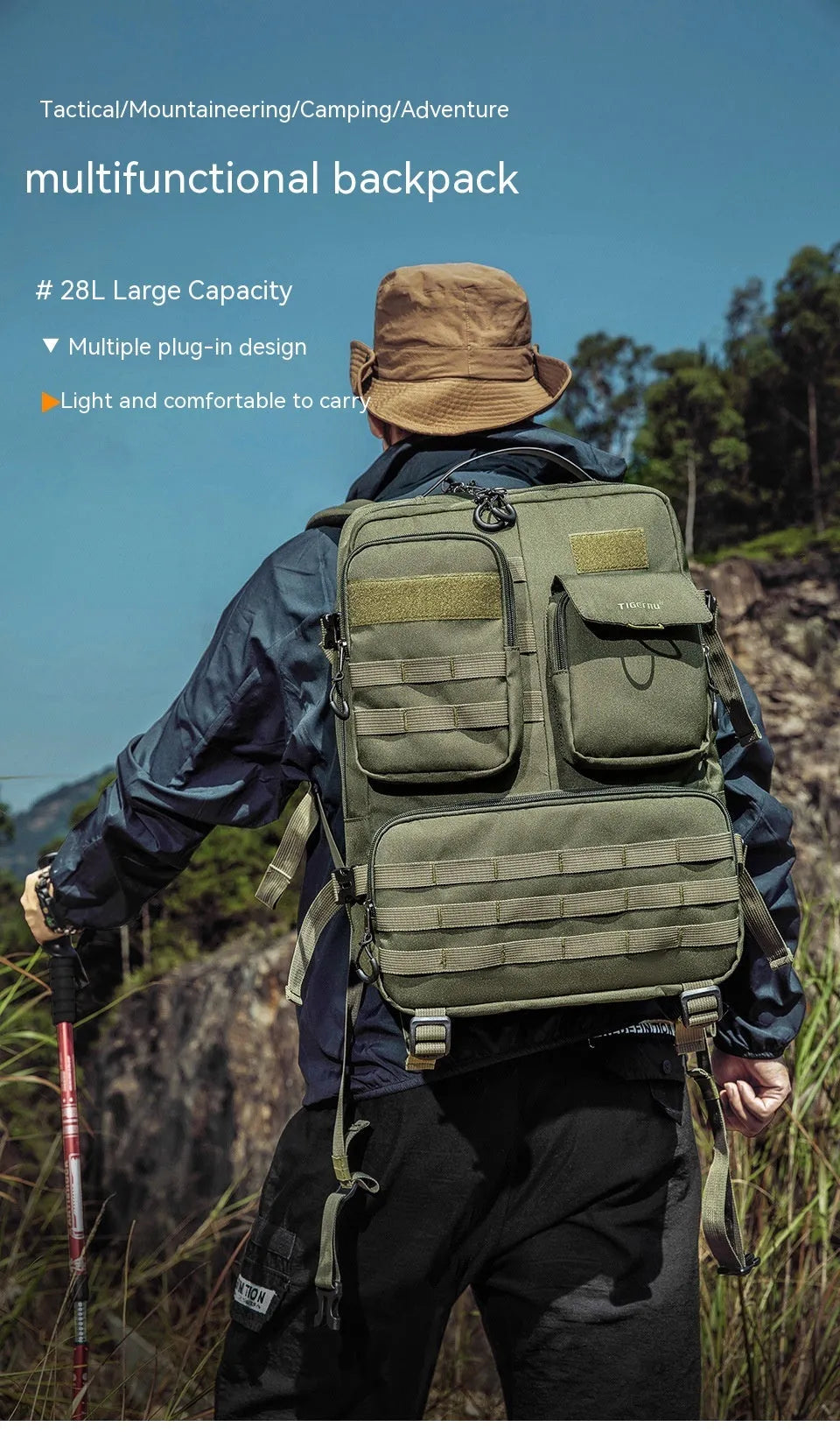 Army Green tactical backpack with 17-inch size and 20-35L capacity for outdoor use