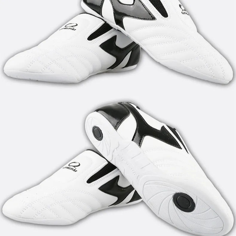 Black and White children's martial arts training shoes with soft bottom construction