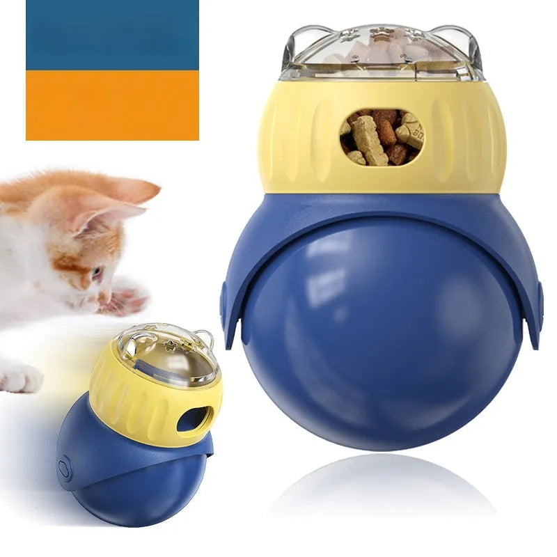 Owl-shaped plastic puzzle feeder for cats in Morandi yellow and blue colours