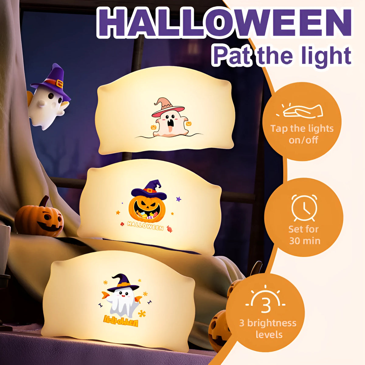 Cartoon Halloween ghost doll USB rechargeable table lamp in magic ghost or pumpkin ghost colour.