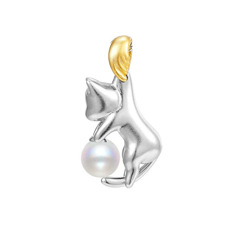 925 sterling silver clavicle necklace with cat charm pendant and pearl bead accents