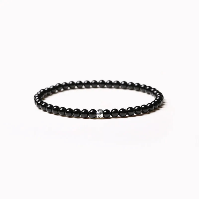 Fine obsidian agate blue san bracelet with 4mm black and blue beads, chamfered square grain, unisex free size electroplated jewellery