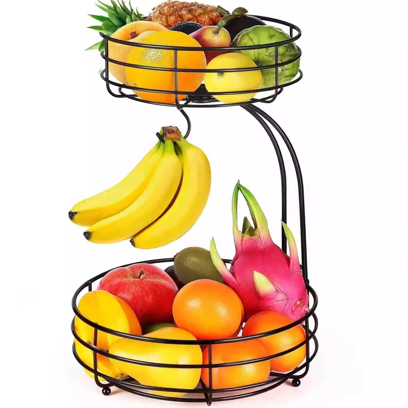 Wrought iron double-layer fruit storage basket in black or gold colour.