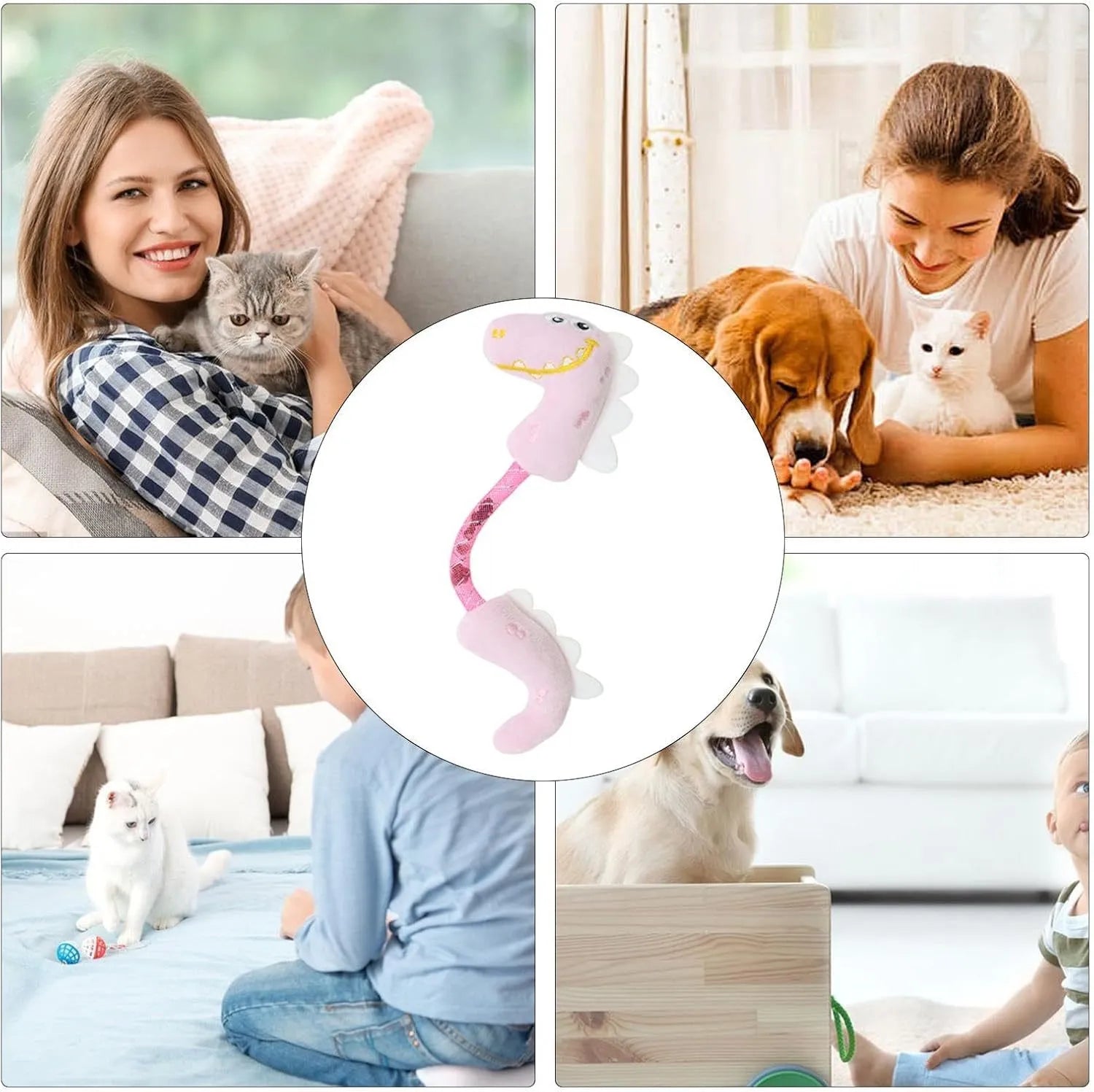 Bundle of four cat toys including rope, springs and kicker toy in pink, purple or yellow