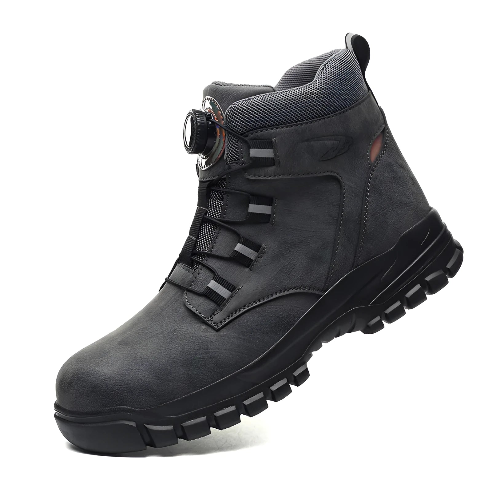 Black lightweight labour protection safety shoes with leather upper and anti-smash rubber sole.