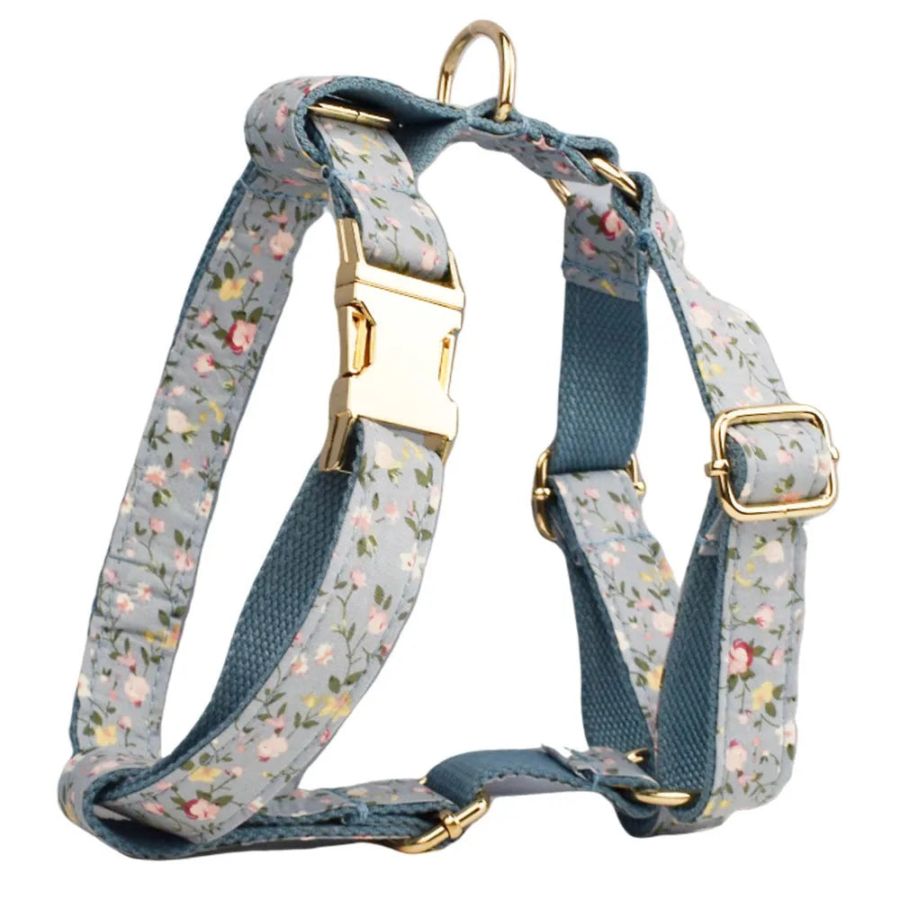 Blue floral polyester cotton dog collar with matching leash, bow tie, vest and poop bag holder set