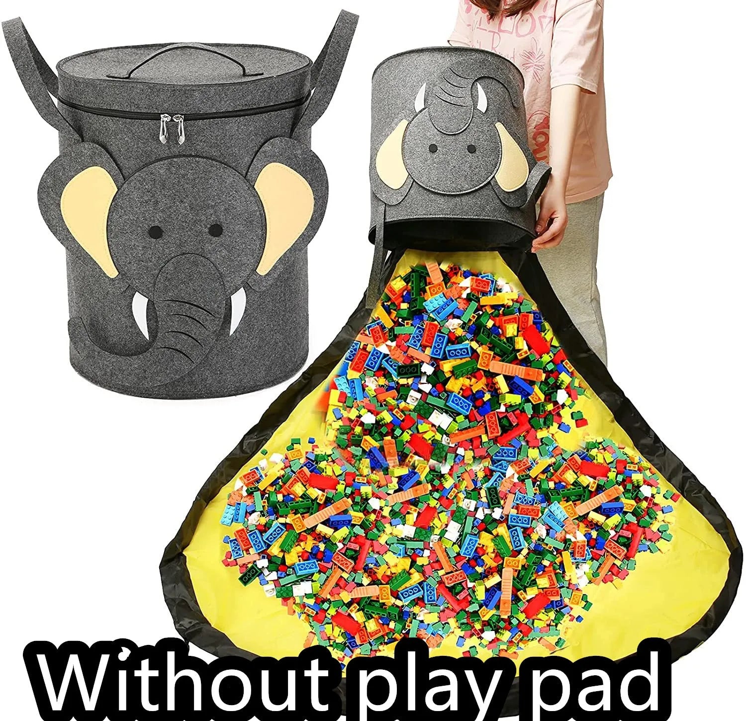 Green felt cube storage bag with pull rope that converts into a flat play mat for toys.