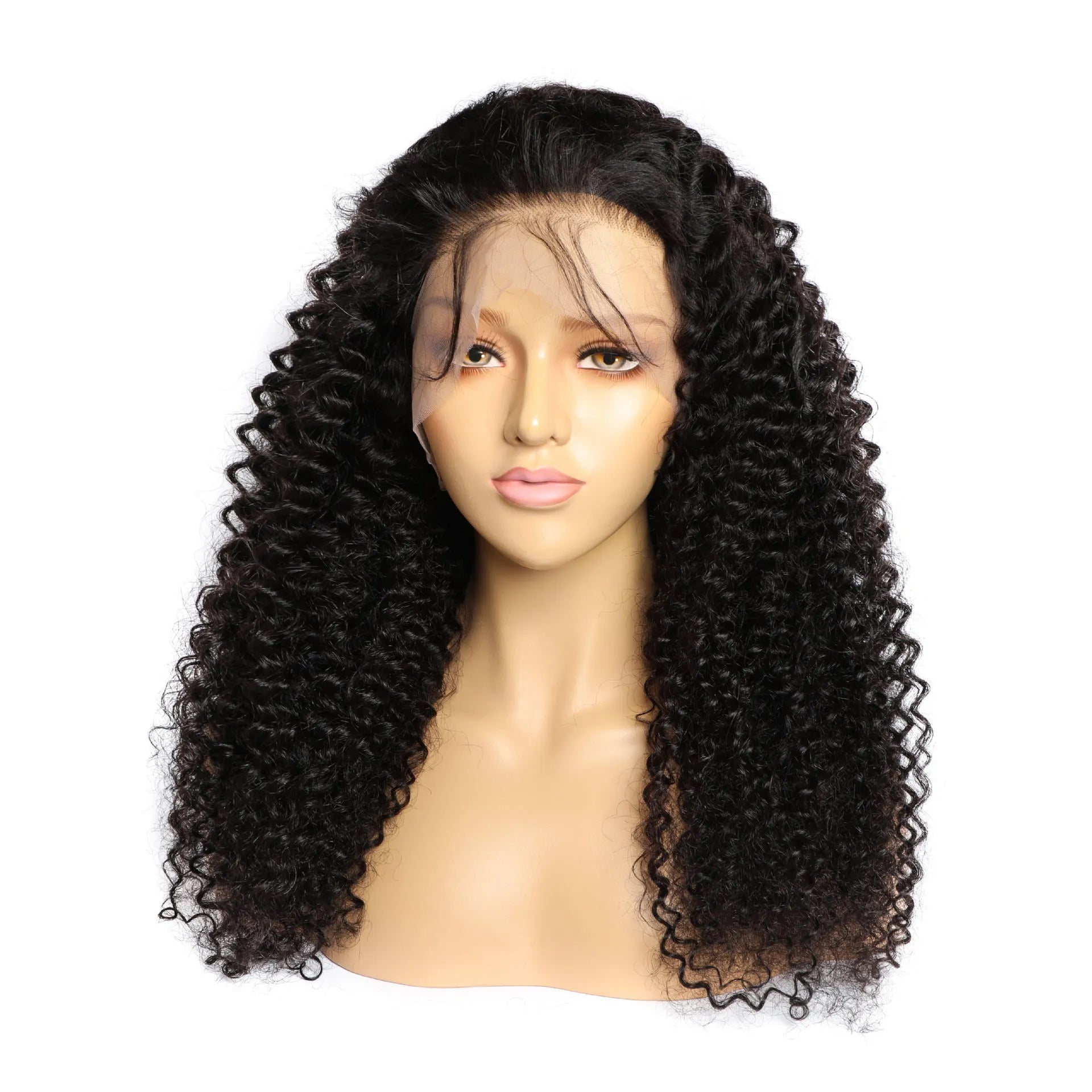 A curly real human hair lace front wig on a stand, showing natural hairline and length options.