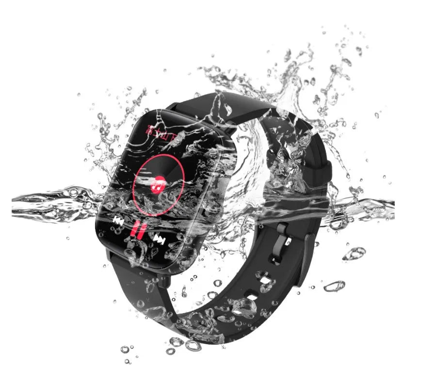 Blue smart watch with 1.7-inch touch screen on wrist, showing fitness stats interface.
