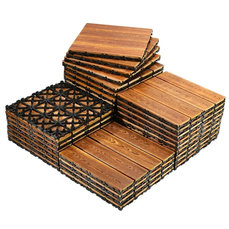Camphor pine wood flooring tiles with brushed finish in 30x30cm dimensions for indoor and outdoor use