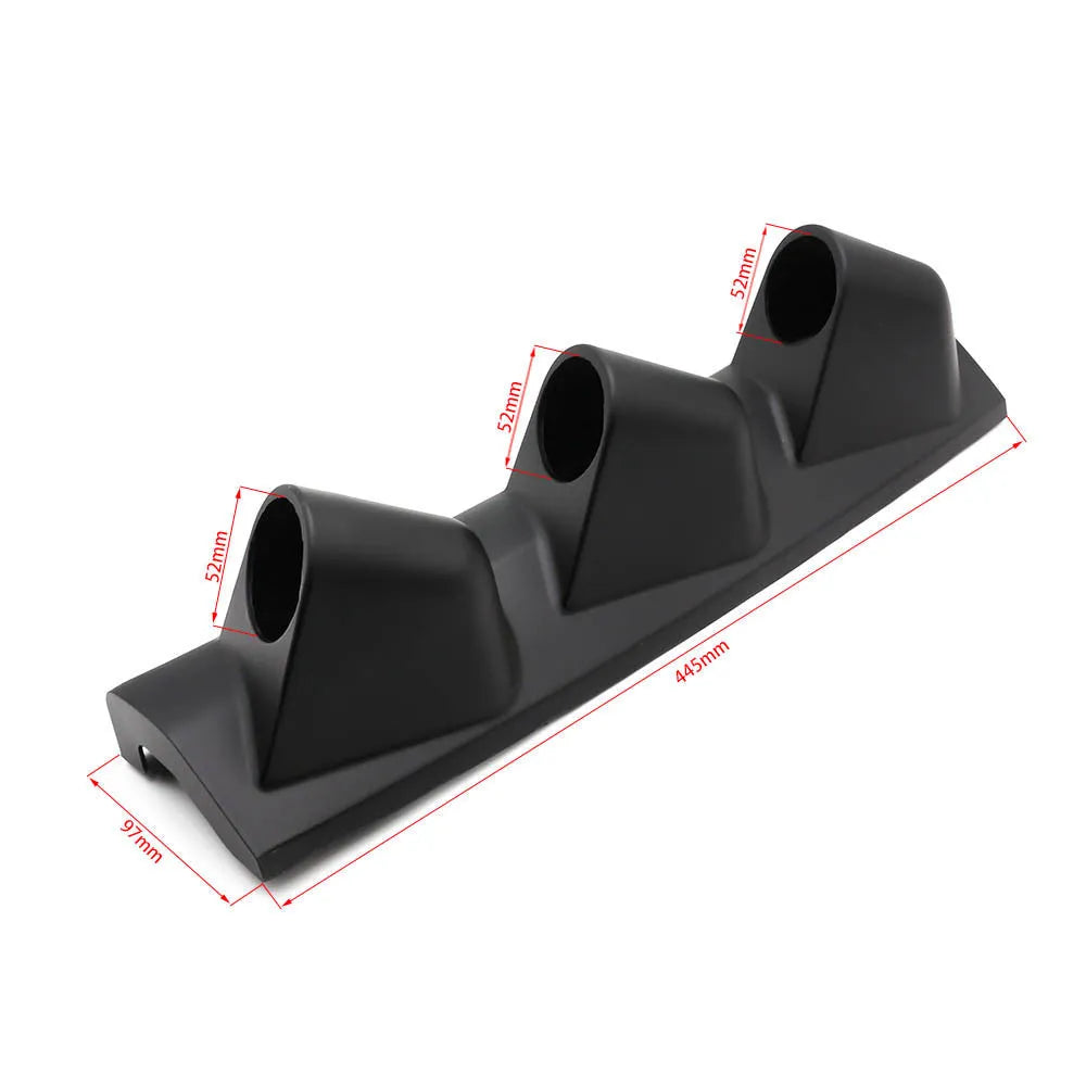 Black ABS plastic three-hole instrument stand for 52mm gauges in right-hand drive cars.