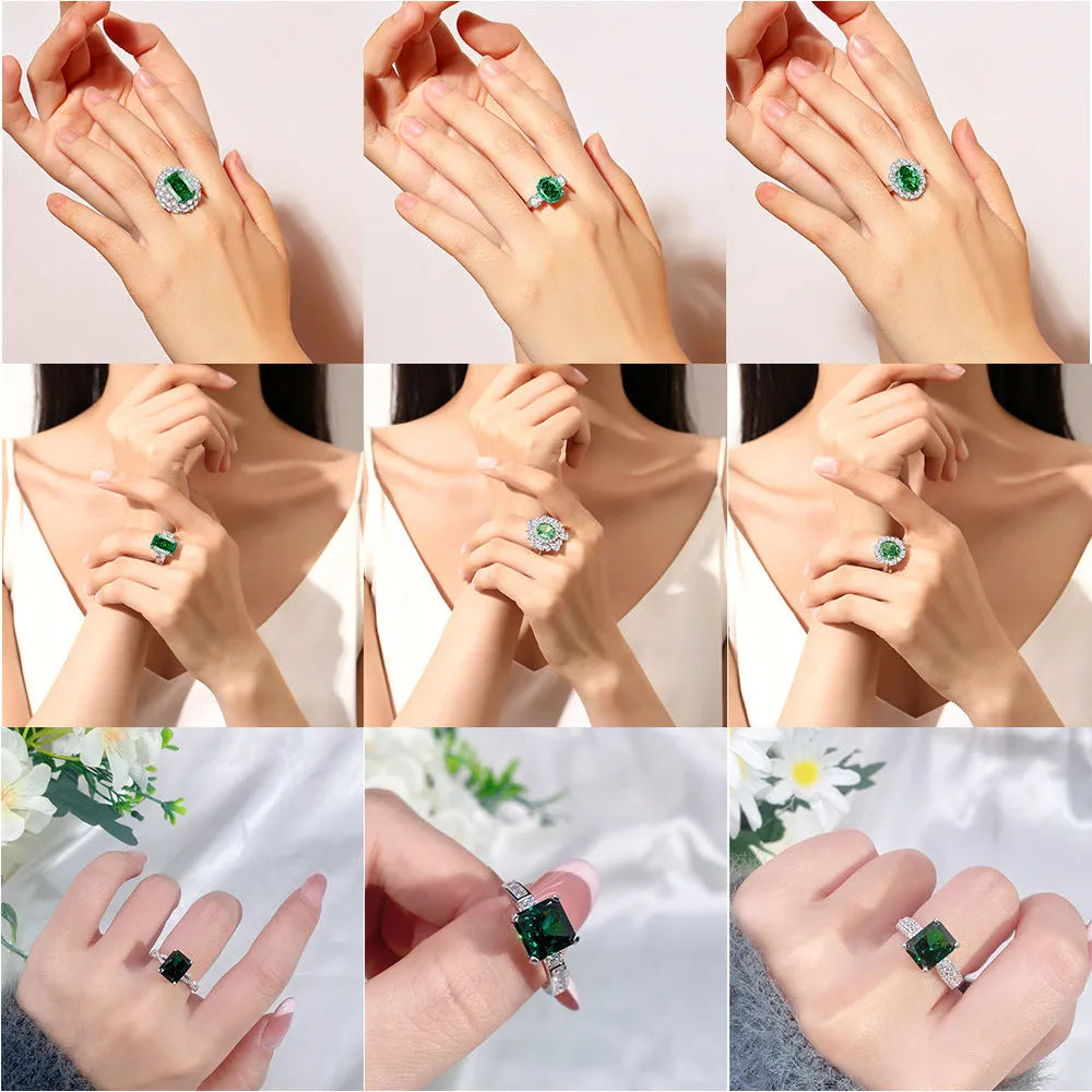 Geometric S925 sterling silver women's ring with an emerald stone and high carbon diamond inlay.