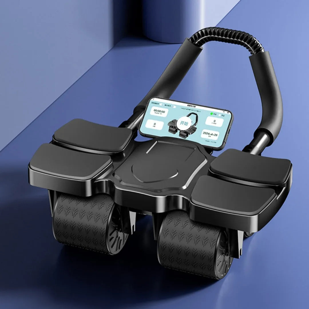 Automatic rebound abdominal wheel with four wheels in black colour on floor