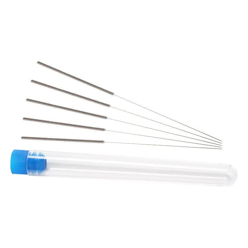 Ten Mk8 E3D format 3D printer nozzle cleaning needles in five diameter sizes from 0.2mm to 0.4mm