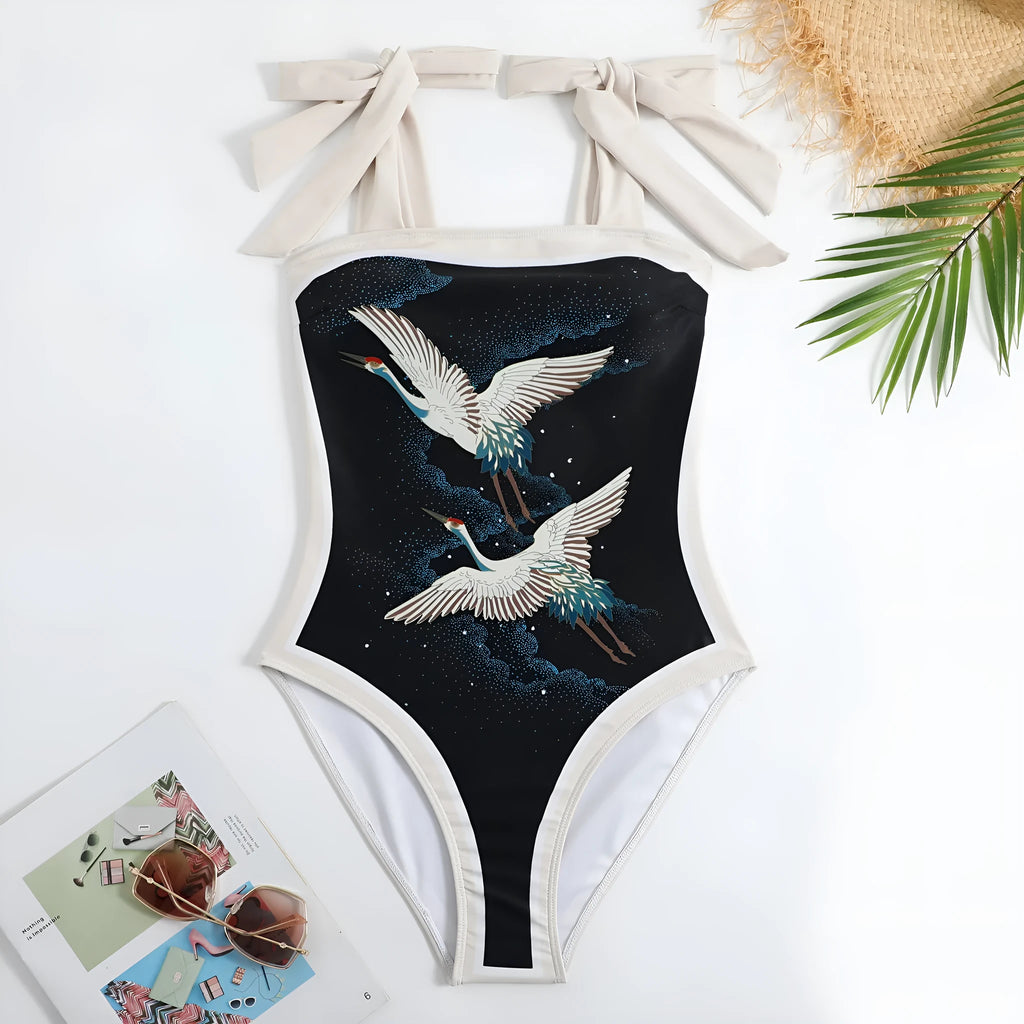 Women's retro one-piece swimsuit with chiffon skirt in floral pattern design