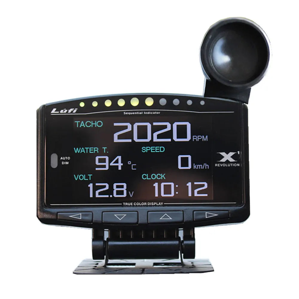 X1 Automotive OBD diagnostic instrument with LED display on metal housing.