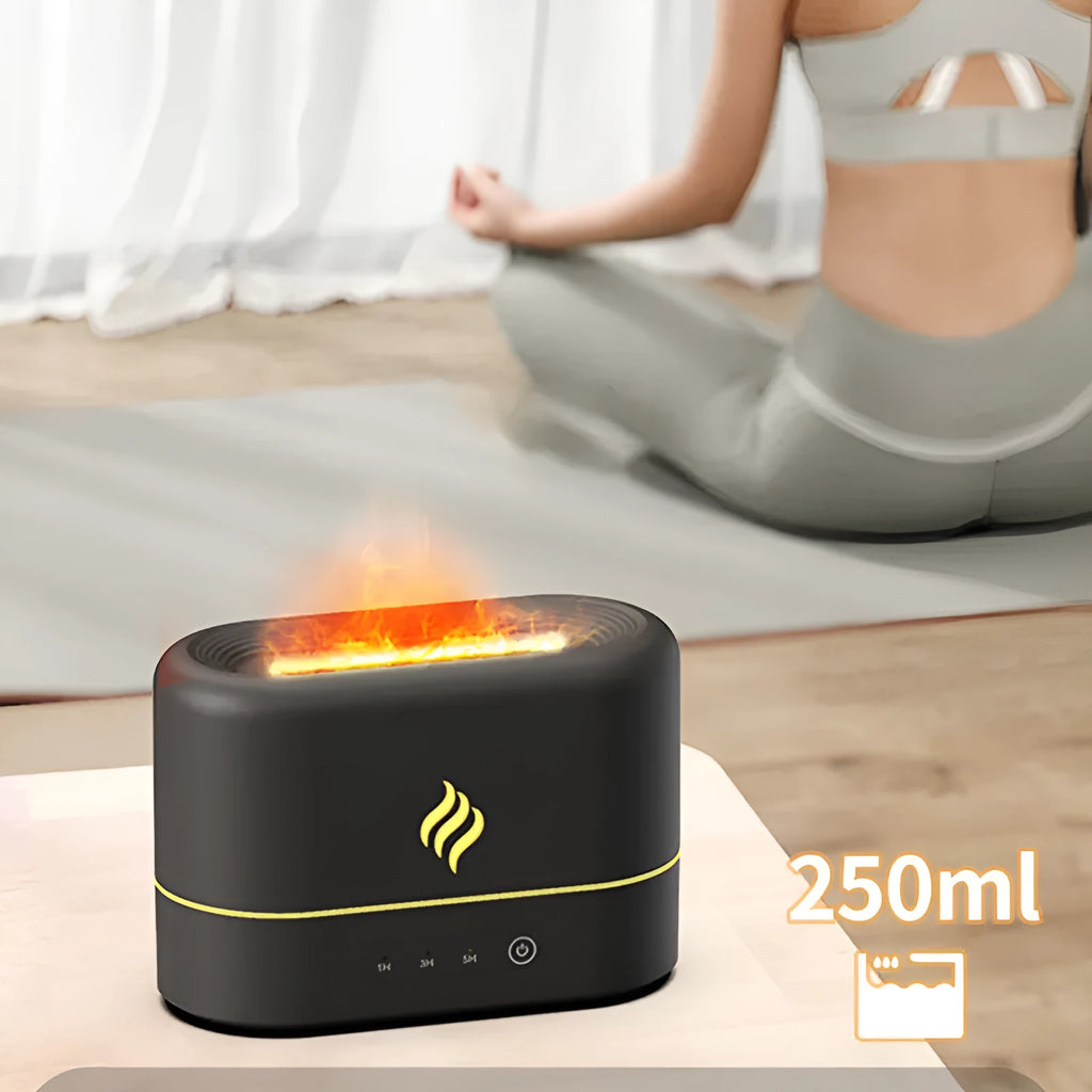 Black USB aromatherapy humidifier with simulated seven-colour flame effect and water tank.
