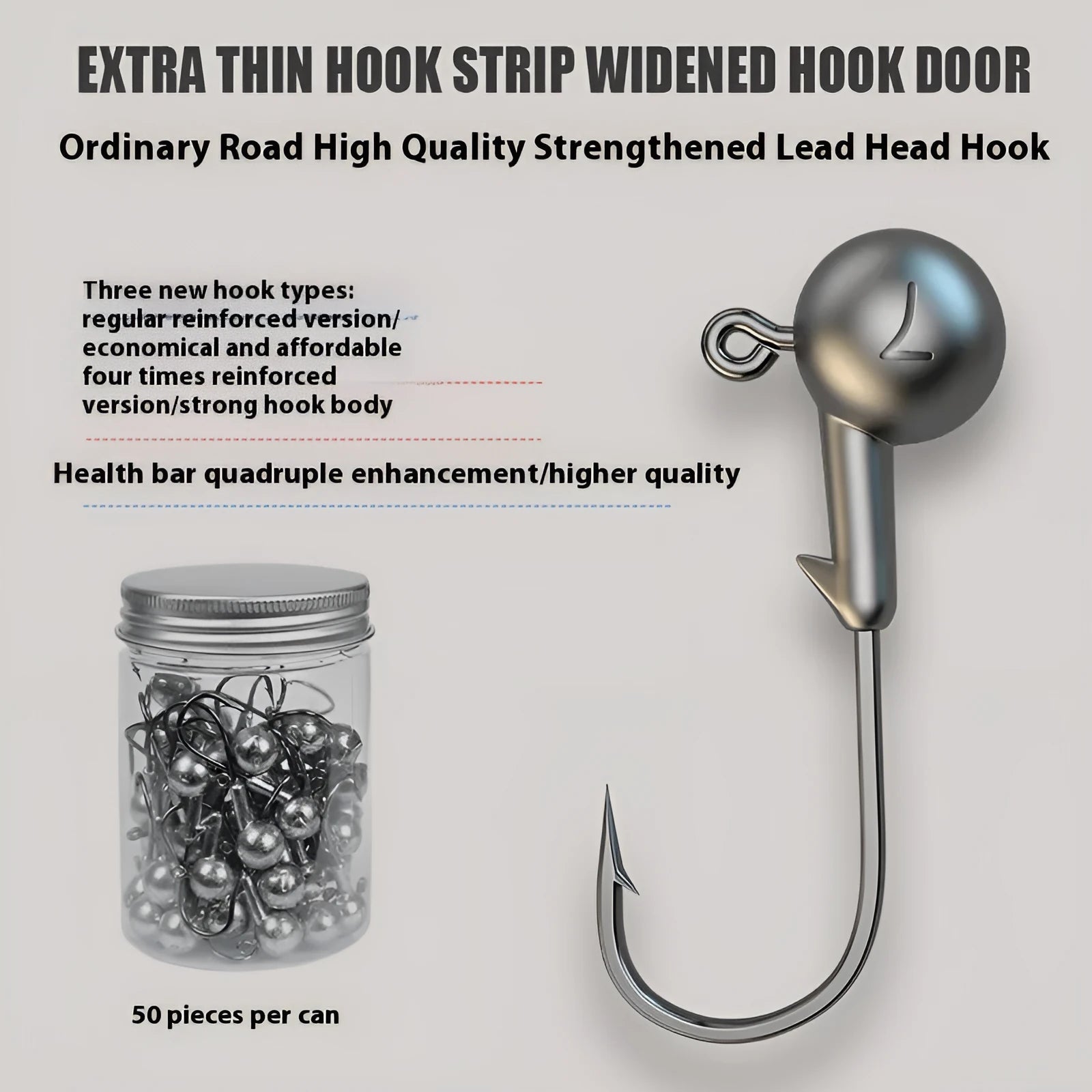 Pack of fifty 7g lead-head jig hooks made from enhanced steel for fishing