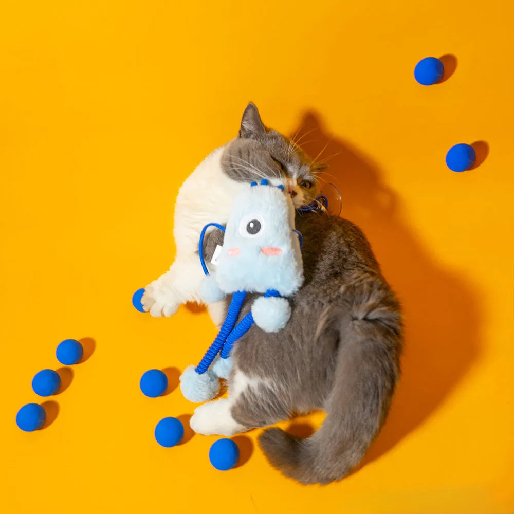 Blue telescopic elastic plush cat toy with a mint bell ring on a 30cm diameter loop.