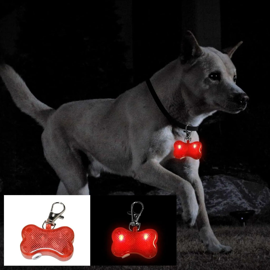 Blue LED bone-shaped luminous pendant attached to a dog collar with three lighting mode options