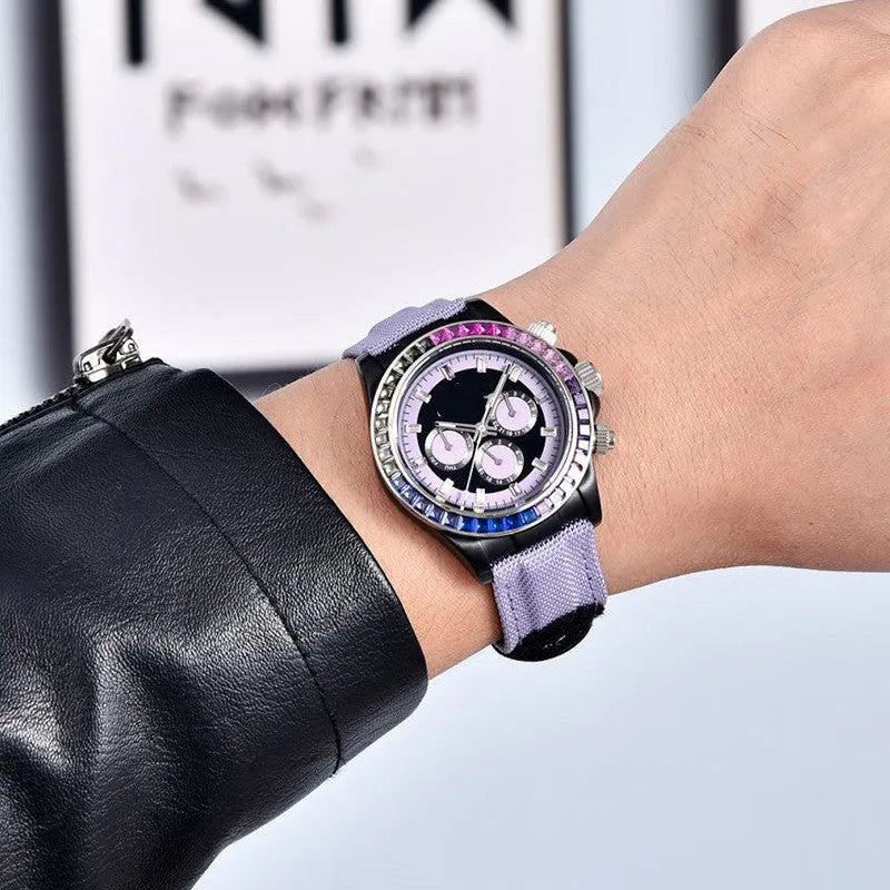 Men's fully automatic mechanical watch with stainless steel case, 40mm dial, and blue, purple, or yellow colour option.