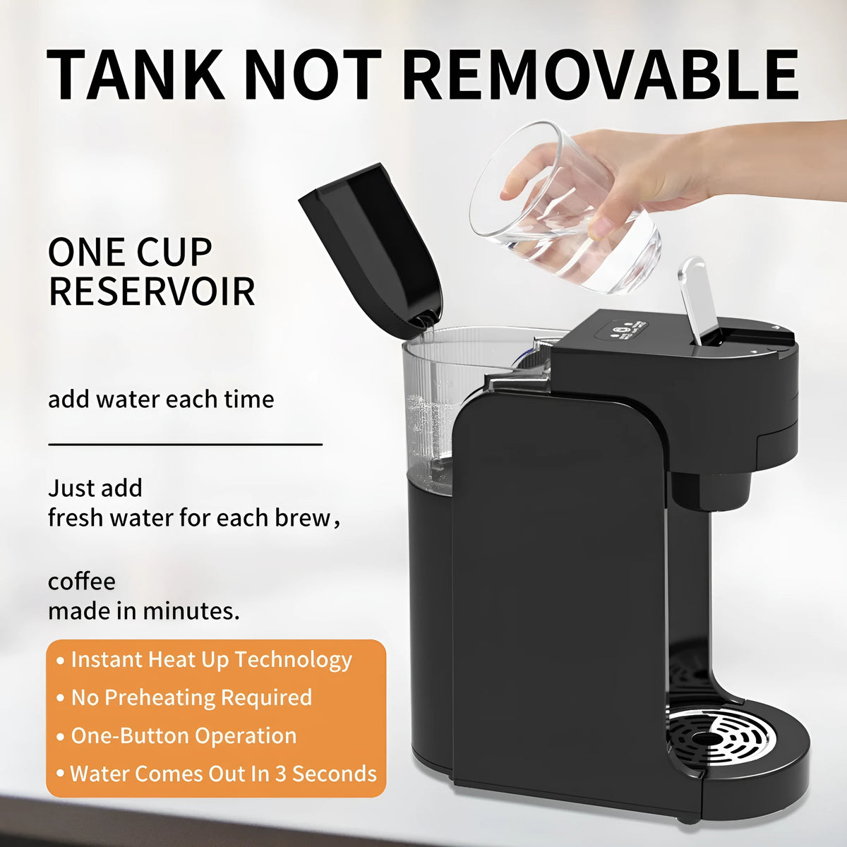 Black and white compact capsule coffee machine on a counter with adjustable drip tray and transparent water tank