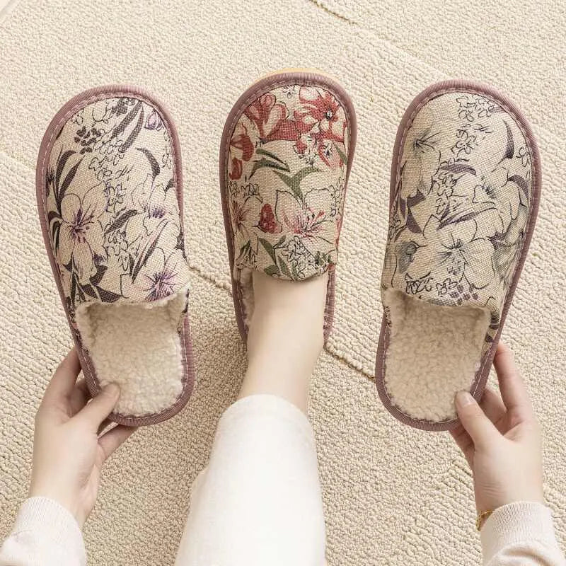 Cotton household slippers with linen surface, PVC sole, available in six colour patterns including floral designs