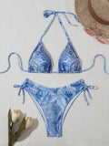 Women's denim blue printed bikini set with strap styling and spandex lining