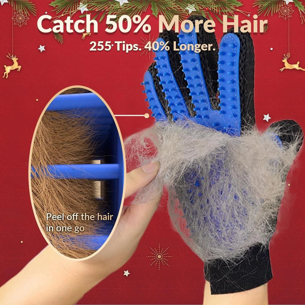 Blue pet grooming gloves with silicone tips for dog and cat hair removal during brushing and bathing