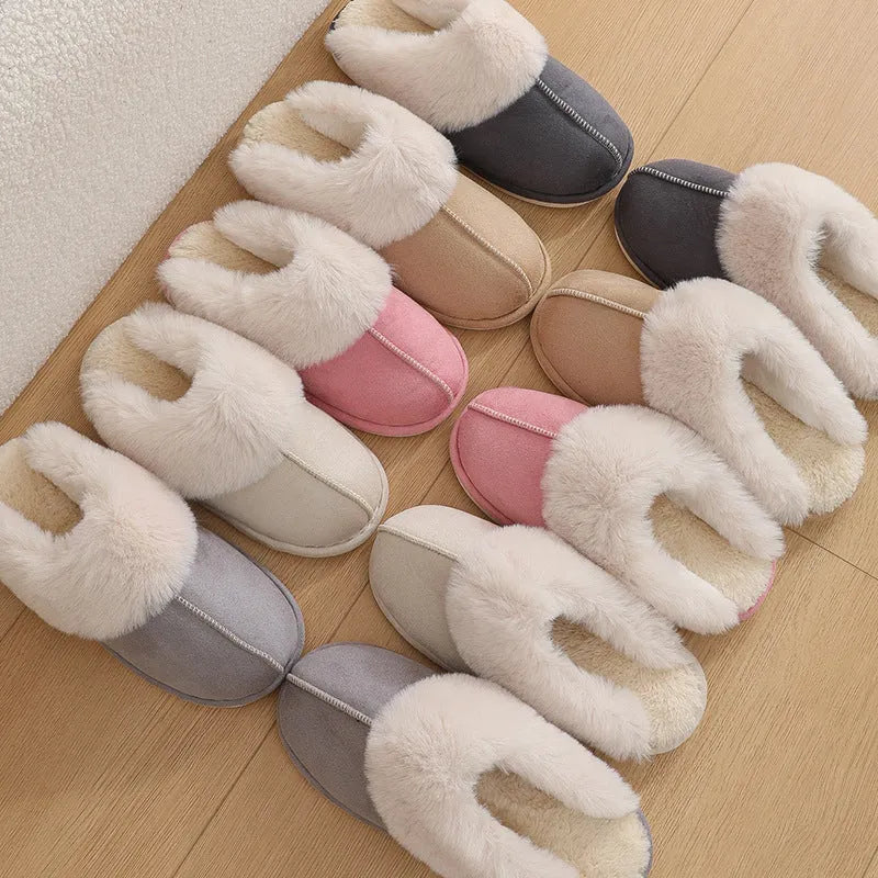 Pair of plush-lined indoor slippers with a flat PVC anti-slip sole, shown in a choice of colours.
