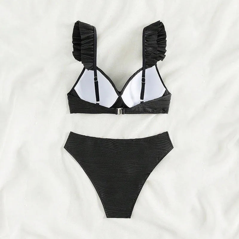 Solid colour women's bikini swimsuit in black or khaki options with polyester fabric