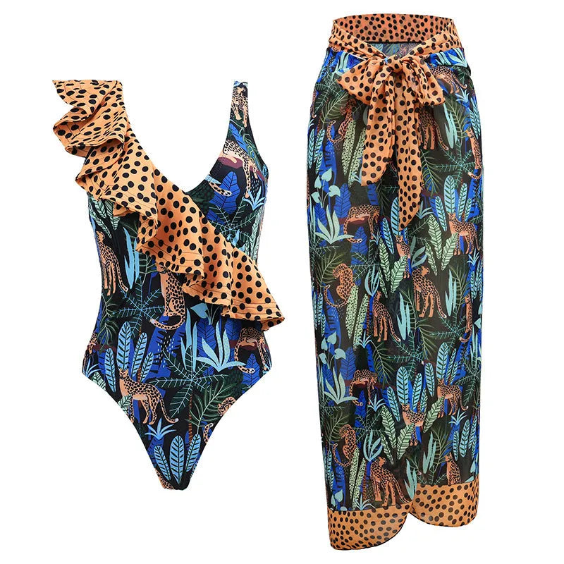 Women's solid colour one-piece swimsuit with spaghetti straps and attached skirt in polyester fabric