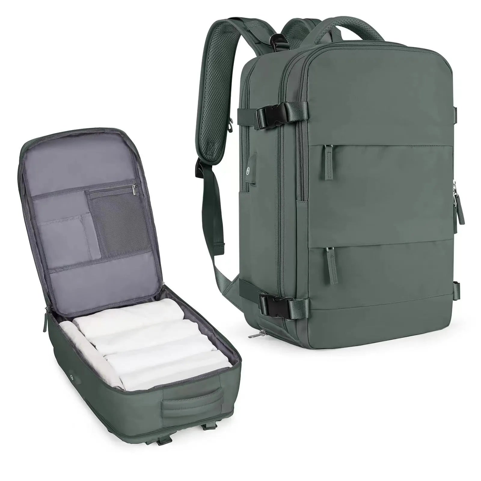 Large capacity waterproof mummy backpack in nylon available in multiple colours including black, mint green, pink, and light blue