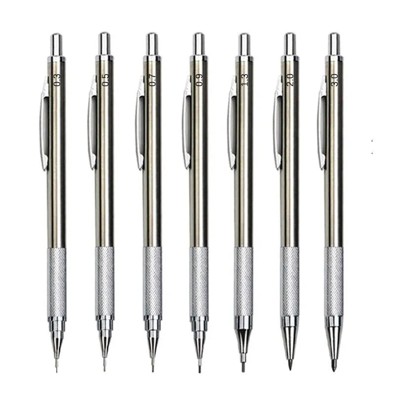 Metal automatic mechanical pencil with multiple lead size options including 0.5mm and 0.7mm