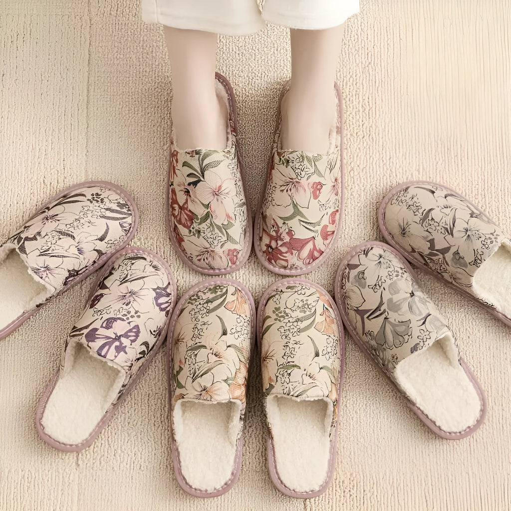 Cotton household slippers with linen surface, PVC sole, available in six colour patterns including floral designs