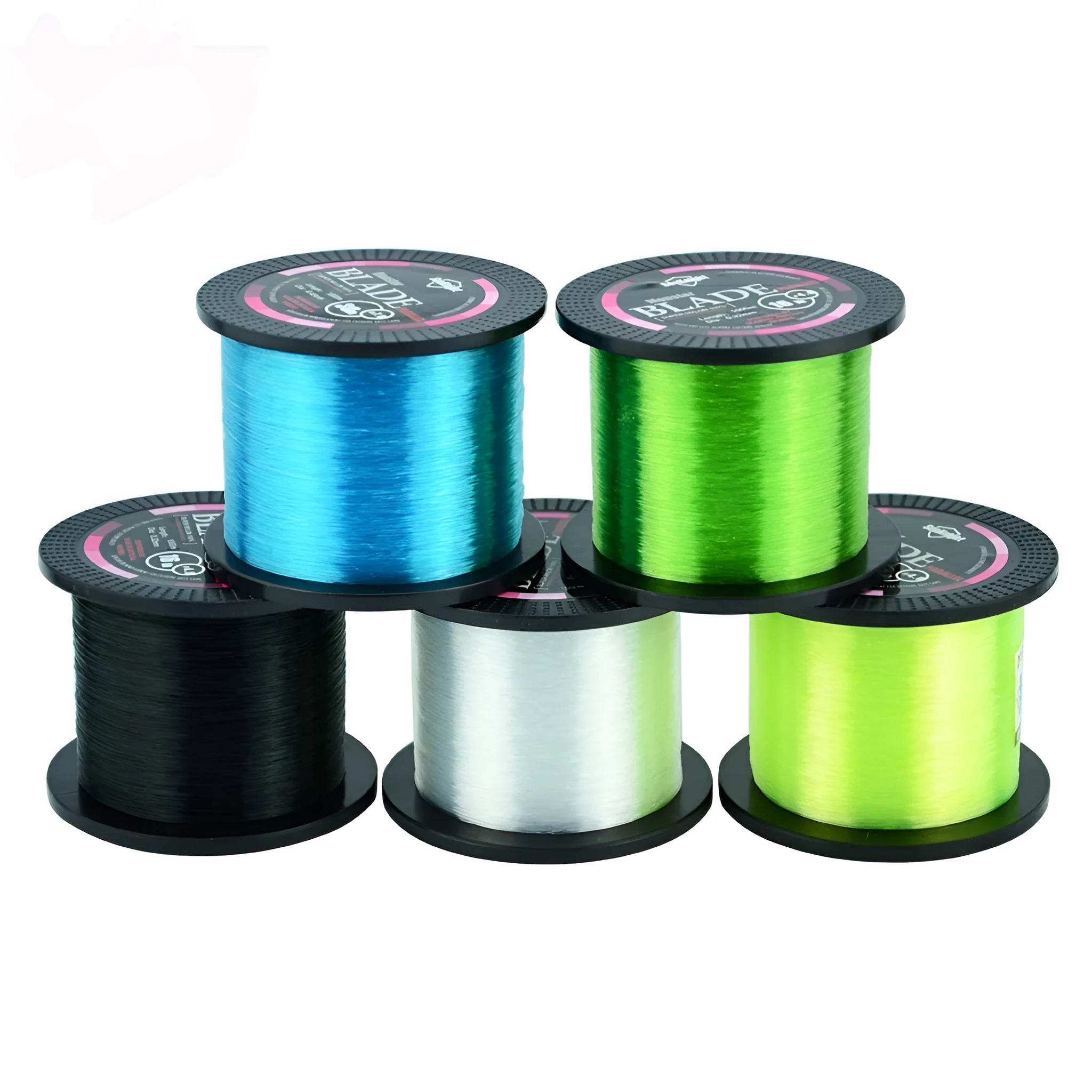 Seaknight1000 roll of nylon fishing line showing colour options of black, blue, green, white, and yellow.
