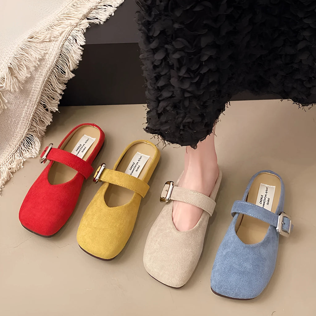 Women's flat closed toe half slippers in apricot colour with square toe and rubber sole
