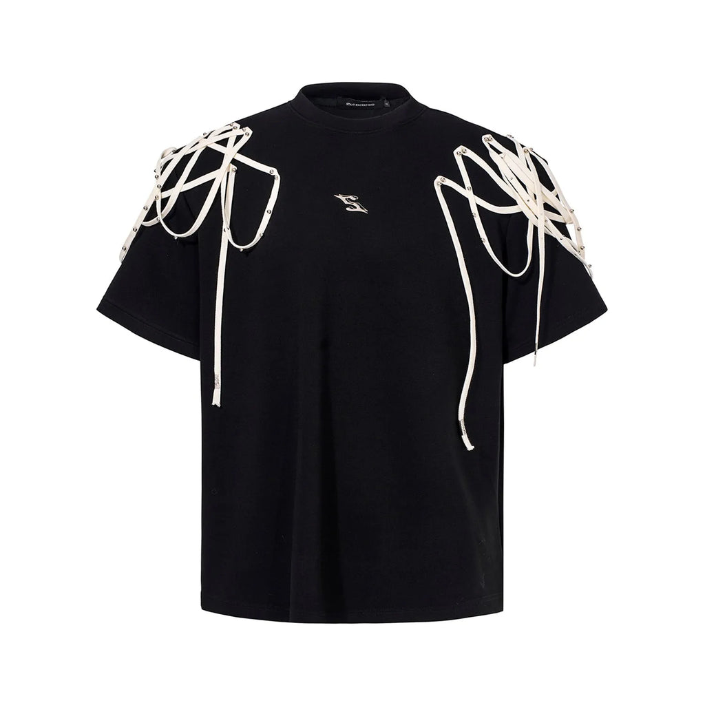 Black loose fit t-shirt with padded shoulders featuring rivet ribbon detail